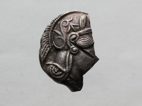 Image for BSH5: Silver tetradrachm of Athens, fragment, c. 450–425 BC.  Kraay and Moorey 1981, no.16. [Obverse]