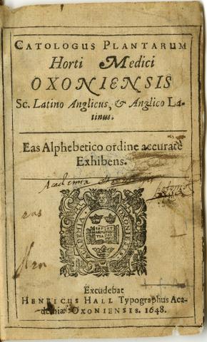 Image for Title page of Anonymous (1648) Catologus Plantarum Horti Medici Oxoniensis. Oxonii, Henricus Hall Typographus Academiae.