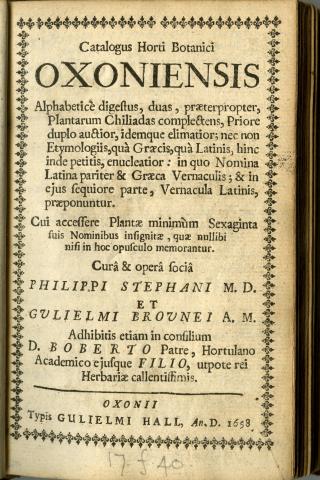 Image for Title page of Phillip Stephens and William Browne (1658) Catalogus Horti Botanici Oxoniensis. Oxonii, Typis Gulielmi Hall.