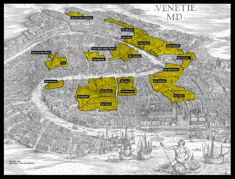 Image for A map of the location of a number of printing shops operating in Venice, based on archival research