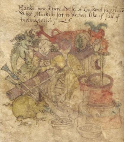 Image for Cartoon showing the Devil teaching the Monks to prepare Gunpowder